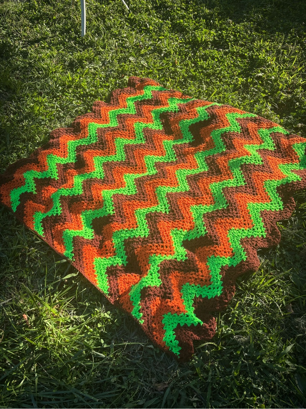 Handmade Chevron Throw Blanket in Bright Green, Orange & Brown